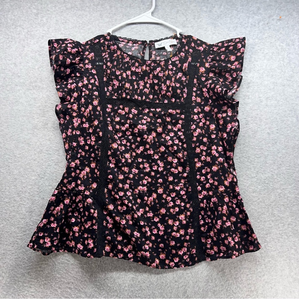 Jessica Simpson Black Pink Floral Lace-Trim Peplum Top